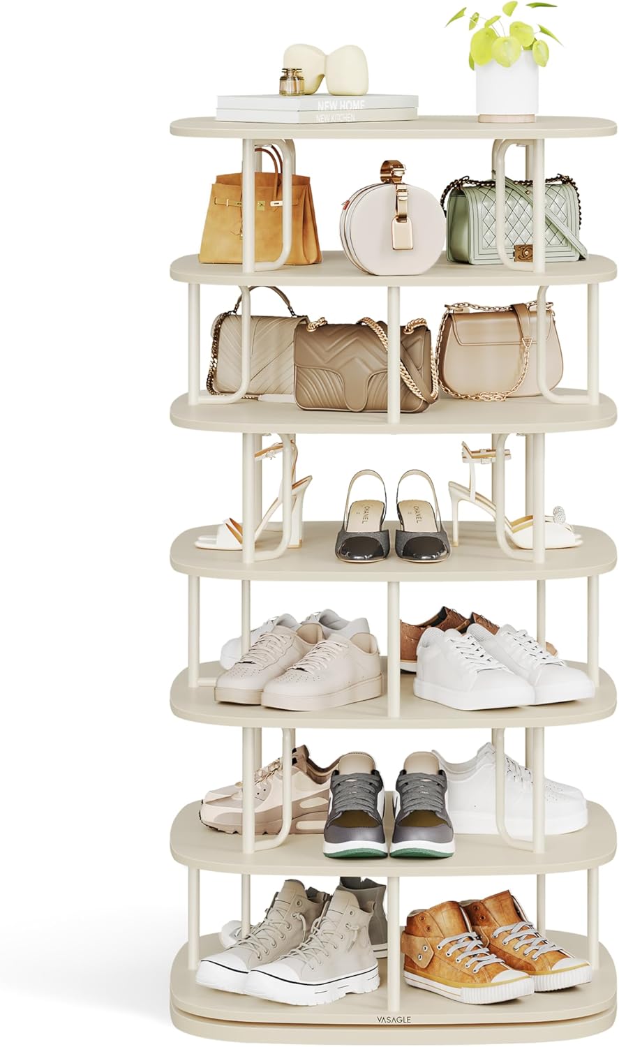 VASAGLE 7-Tier Shoe Rack, Rotating Shoe Rack Tower, Shoe Closet Organizer, Shoe Shelf, 28-35 Pairs, 23.6 x 23.6 x 47.2 Inches, for Entryway, Living Room, Closet, Cream White ULBS041W01