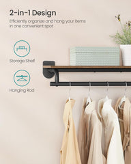 SONGMICS Clothes Rack with Top Shelf, Wall Mounted Clothing Rack, with Hanging Rod, Loads up to 77 lb, 11 x 42.9 x 5.2 Inches, Entryway, Bedroom, Closet, Rustic Brown and Ink Black UHSR135B01