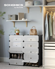 SONGMICS 10-Tier Shoe Rack,Plastic Cube Storage Organizer Units, DIY Modular Closet Cabinet with Doors, Includes Rubber Mallet and Anti-Tipping Device, Black ULPC10H