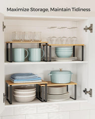 SONGMICS Cabinet Organizer Shelf, Set of 2 Kitchen Counter Shelves, Kitchen Storage, Spice Rack, Stackable, Expandable, Metal and Engineered Wood, Ink Black and Natural Beige UKCS02NB