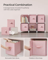 SONGMICS Cube Storage Organizer with Storage Boxes, Set of 6-Cube Organizer, 6 Collapsible Non-Woven Fabric Bins, Customizable, Space-Saving, Bedroom, Jelly Pink ULPC062R01