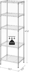 SONGMICS 5-Tier Storage Shelves, Wire Shelving Unit, Kitchen Metal Shelves, Storage Rack with Adjustable Shelves, Shelf Liners, 8 Hooks, for Garage, 11.8 x 15.7 x 47.6 Inches, Silver ULGR115E01