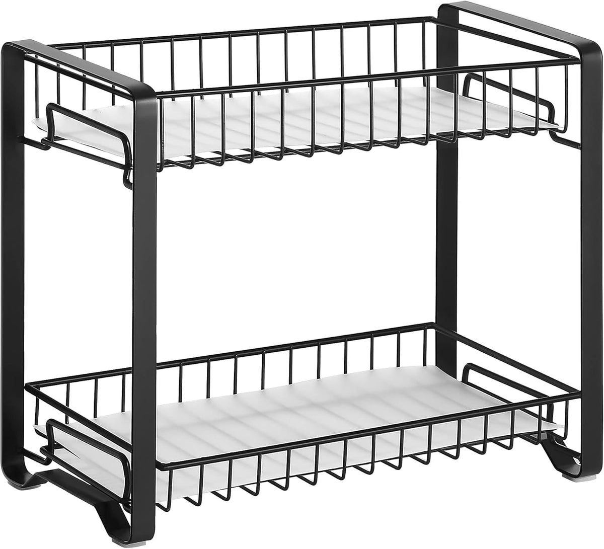 SONGMICS Spice Rack Organizer for Cabinet, 2-Tier Cabinet Shelf with Plastic Shelf Liner, Kitchen Counter Shelf, Anti-Slip Design, for Countertop, Bathroom, Black UKCS013B01