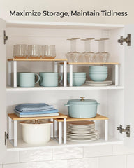 SONGMICS Cabinet Organizer Shelf, Set of 4 Kitchen Counter Shelves, Kitchen Storage, Spice Rack, Stackable, Expandable, Metal and Engineered Wood, Cloud White and Natural Beige UKCS010N01