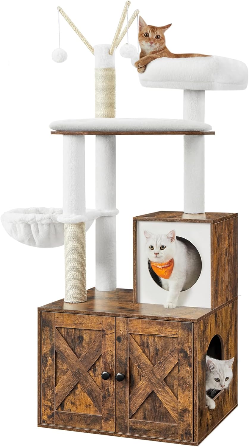 Feandrea Cat Tree with Litter Box Enclosure, 2-in-1 Modern Cat Tower, 55.1-Inch Cat Condo with Scratching Posts, Removable Pompom Sticks, Rustic Brown UPCT113X01
