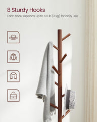 VASAGLE Solid Wood Coat Rack, Free Standing Tree-Shaped Coat Rack with 8 Hooks, 3 Height Options, for Clothes, Hats, Bags, Living Room, Bedroom, Home Office, Caramel Brown URCR04WN