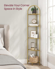 VASAGLE 5-Tier Corner Shelf Stand, Corner Bookshelf, Bathroom Organizer, Plant Stand, Tempered Glass, Steel Frame, Modern Style, for Living Room, Bathroom, Kitchen, Metallic Gold ULGT810A01