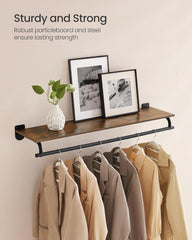 SONGMICS Clothes Rack with Top Shelf, Wall Mounted Clothing Rack, with Hanging Rod, Loads up to 77 lb, 11 x 42.9 x 5.2 Inches, Entryway, Bedroom, Closet, Rustic Brown and Ink Black UHSR135B01
