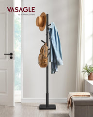 VASAGLE Solid Wood Coat Rack, Free Standing Hall Coat Tree with 8 Hooks, 3 Height Options, for Coats, Hats, Bags, Purses, for Entryway, Hallway, Rubberwood Hooks and Pole, Ink Black URCR010B01