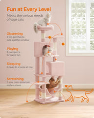 Feandrea Cat Tree, 61-Inch Cat Tower for Indoor Cats, Plush Multi-Level Cat Condo with 5 Scratching Posts, 2 Perches, 2 Caves, Hammock, 2 Pompoms, Jelly Pink UPCT192P01
