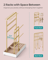 SONGMICS Jewelry Holder, Jewelry Organizer, Jewelry Display Stand with Metal Frame, Velvet Tray, Necklace Earring Bracelet Holder, for Studs, Rings, Gift Idea, Pale Gold UJJS021A01