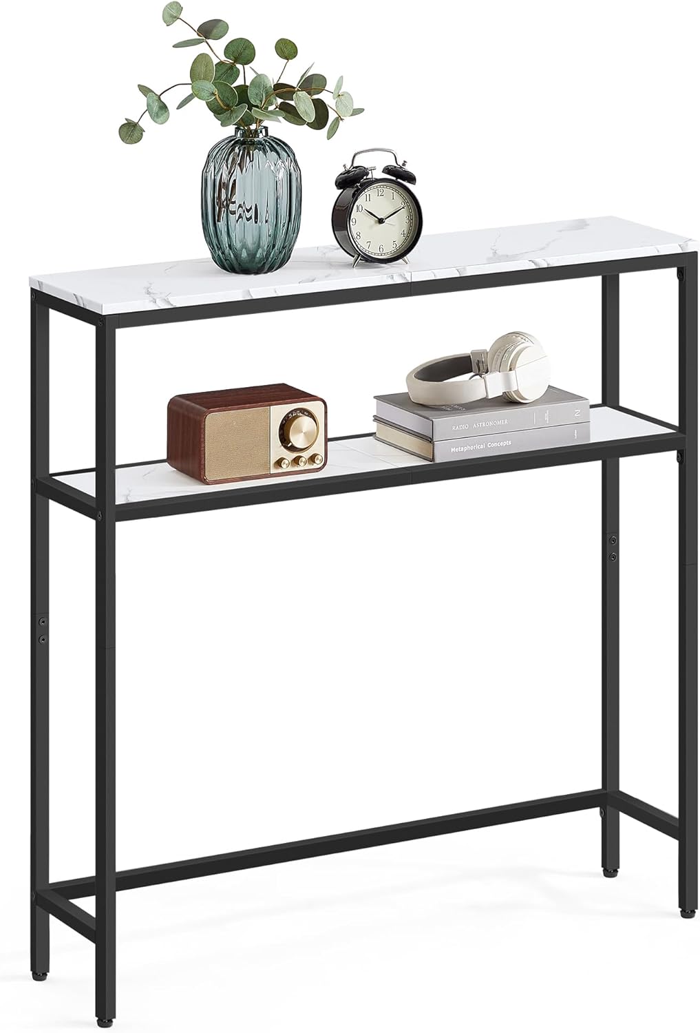 VASAGLE Console Table, 2-Tier Sofa Table, 7.9 x 31.5 x 31.5 Inches, Narrow Entryway Table, Modern Entry Table with 2 Shelves, for Living Room, Bedroom, Marble White and Ink Black ULNT130W59
