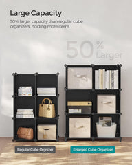 SONGMICS 6 Cube Storage Organizer, Modular Bookshelf, DIY Closet Organizers and Storage, Plastic Stackable Shelves, 14.6 x 13 x 13 Inch Cubes, with Feet and Rubber Mallet, Black ULPC206B01