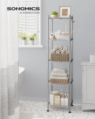 SONGMICS 5-Tier Bathroom Shelf, Storage Rack for Small Space, with 5 PP Shelf Liners, Removable Hook, Extendable Design, Silver and Translucent ULGR023S01