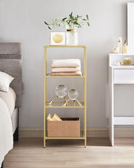 VASAGLE Bookcase, 4-Tier Bookshelf, Slim Shelving Unit for Bedroom, Bathroom, Home Office, Tempered Glass, Steel Frame, Metallic Gold ULGT28G