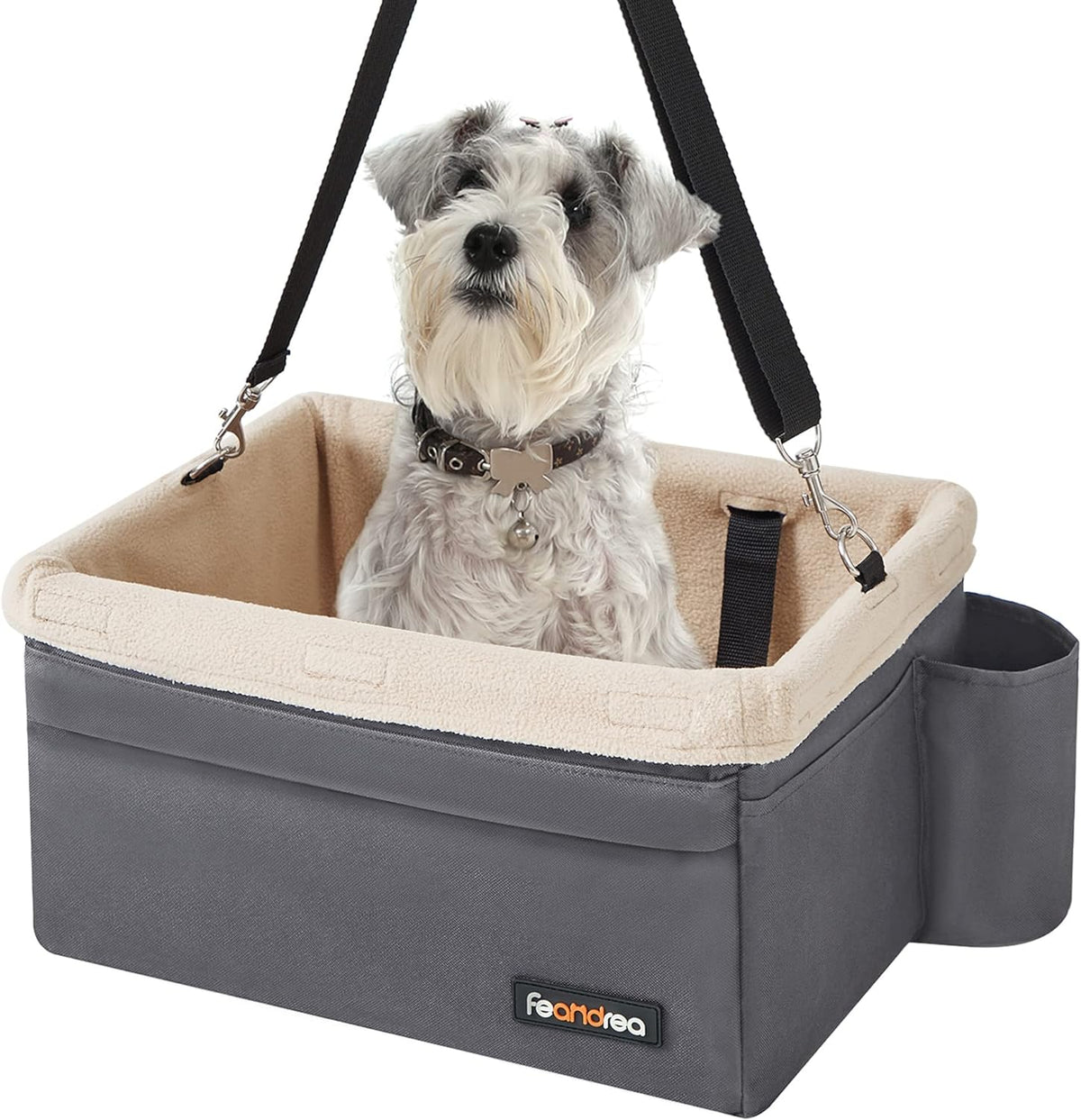 Feandrea Dog Car Seat, Pet Booster Seat for Small Dogs up to 18 lb, with Adjustable Straps, Removable Washable Fleece Liner, 4 Pockets, for Front Seats, Back Seats, Gray and Beige UPBS042G01