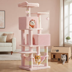 Feandrea Cat Tree, 61-Inch Cat Tower for Indoor Cats, Plush Multi-Level Cat Condo with 5 Scratching Posts, 2 Perches, 2 Caves, Hammock, 2 Pompoms, Jelly Pink UPCT192P01