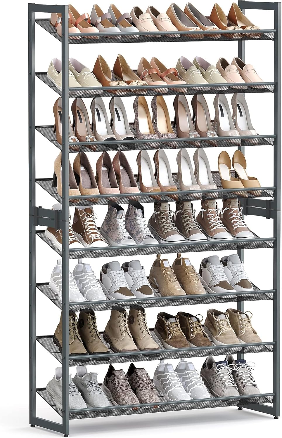 SONGMICS Shoe Rack, 8-Tier Shoe Organizer, Metal Rack for Garage, Set of 2, 4-Tier Stackable Shelf, with Adjustable Flat or Angled Shelves, 32-40 Pairs, Charcoal Gray ULMR08GB