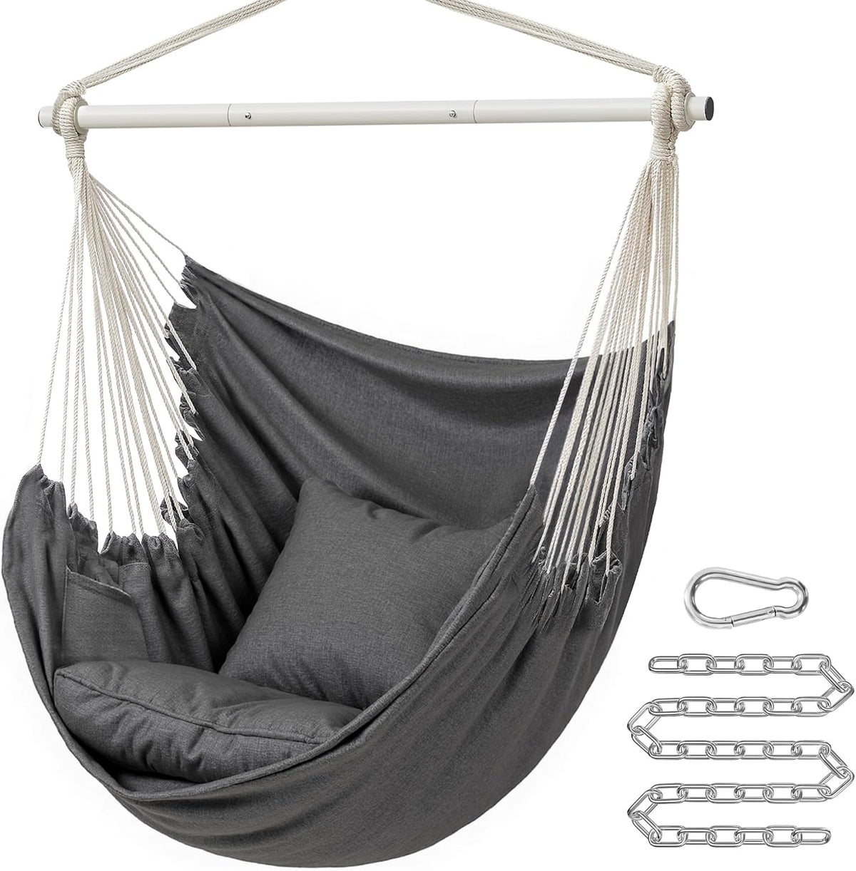 SONGMICS Hammock Chair, Load Capacity 500 lb, Hanging Chair with 2 Cushions, Large Hammock Swing with Chain and Pocket, for Indoor, Outdoor, Living Room, Bedroom, Slate Gray UGDC197G02