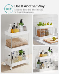 SONGMICS Slim Storage Cart, 3-Tier Rolling Cart, Narrow Utility Cart on Wheels, 6 Hooks, 360° Swivel Wheels, Lockable, Steel Frame, Bathroom, Kitchen, Office, Cloud White UKSC009W01