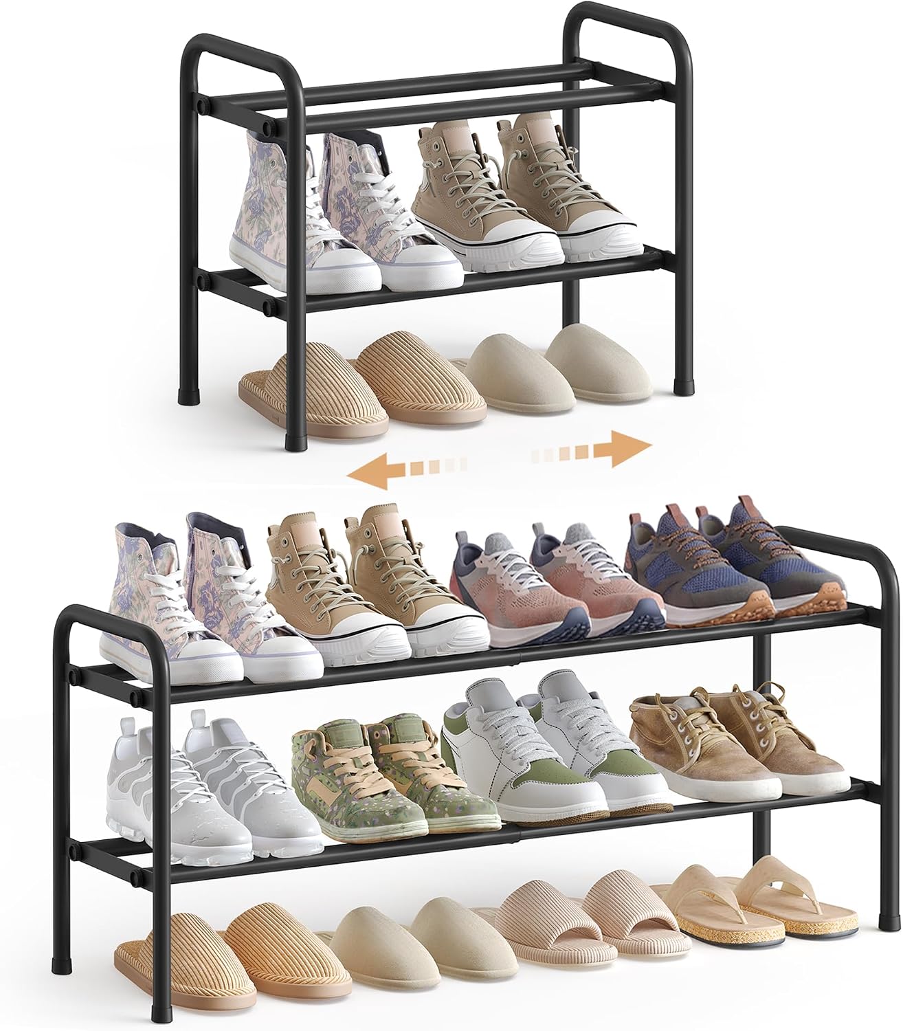 SONGMICS Expandable Two-Tier Shoe Rack - Ink Black ULMR029B01 - compact and extended configuration