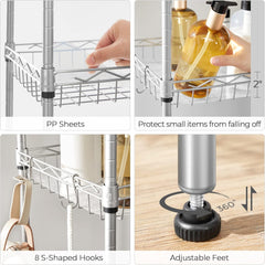 SONGMICS 5-Tier Storage Shelves, Wire Shelving Unit, Kitchen Metal Shelves, Storage Rack with Adjustable Shelves, Shelf Liners, 8 Hooks, for Garage, 11.8 x 15.7 x 47.6 Inches, Silver ULGR115E01