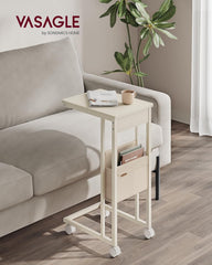 VASAGLE C-Shaped Side Table, End Table with Wheels, C Table for Couch, Sofa, with Storage Bag, Adjustable Feet, for Bedroom, Living Room, Cream White ULET357W77