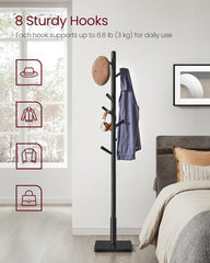 VASAGLE Solid Wood Coat Rack, Free Standing Hall Coat Tree with 8 Hooks, 3 Height Options, for Coats, Hats, Bags, Purses, for Entryway, Hallway, Rubberwood Hooks and Pole, Ink Black URCR010B01