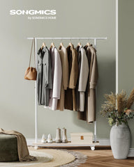 SONGMICS Clothes Rack with Wheels, Clothing Rack for Hanging Clothes, 38.8 Inches Metal Garment Rack with Shelf, Loads up to 110 lb, for Bedroom, Closet, Natural Beige and Cloud White UHSR151W01