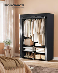 SONGMICS Portable Closet Wardrobe with Shoe Rack and Cover, Closet Storage Organizer, 2 Hanging Rods, Shelves, and 4 Side Pockets, 50 x 17.7 x 69.3 Inches, Spacious for Bedroom, Black URYG008B02