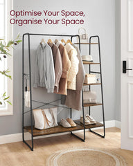 VASAGLE Clothes Rack, Clothing Rack with Shoe Shelf, 5-Tier Storage Rack, 6 Side Hooks, for Bedroom, Living Room, Rustic Brown and Black URGR116B01