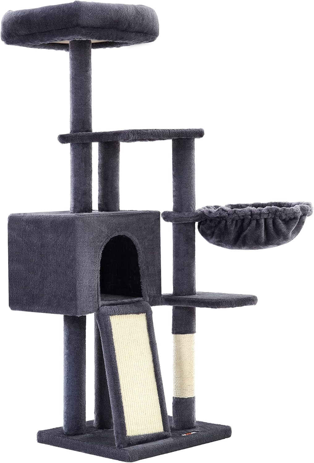 FEANDREA Cat Tree, 53.1-Inch Cat Tower for Indoor Cats, Multi-Level Cat Condo with Removable Washable Perch Cover, Cat Furniture with Scratching Post and Board, Basket, Cave, Smoky Gray PCT132G01