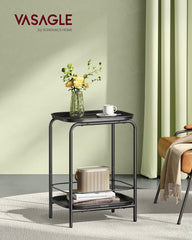 VASAGLE 2-Tier Outdoor Table, Small Side End Table with Tray Storage, Bedside Nightstand for Living Room, Bedroom, Modern Style, Ink Black ULET243B01