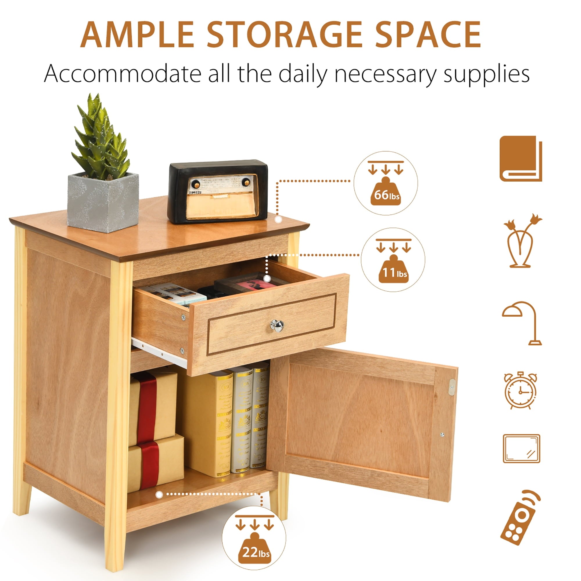Costway HW66339NA natural nightstand with drawer and cabinet open and contents used as display props