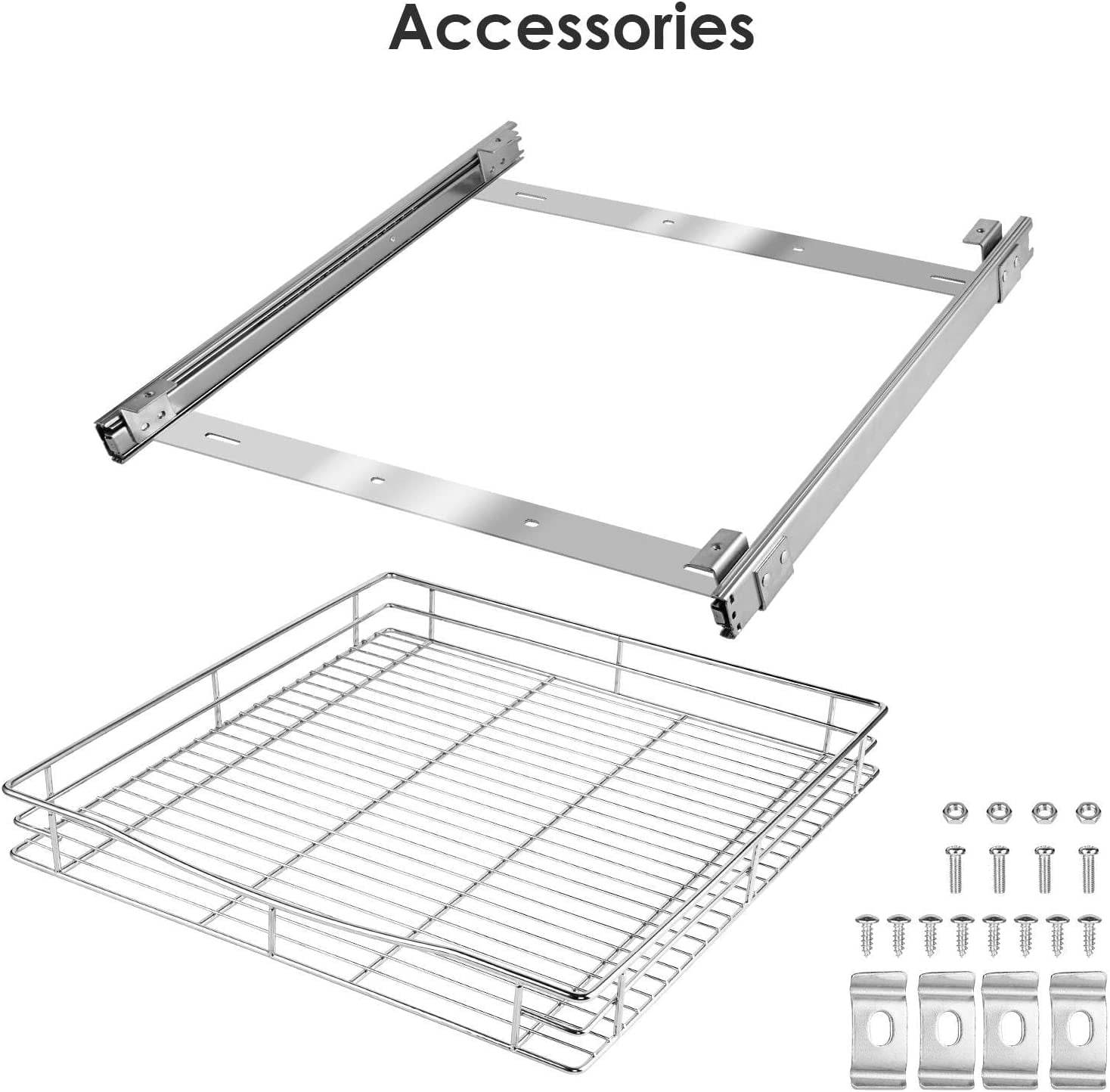 SortWise Slide-Out Cabinet Organizer — Chrome, 20 in Wide — basket and mounting-frame view