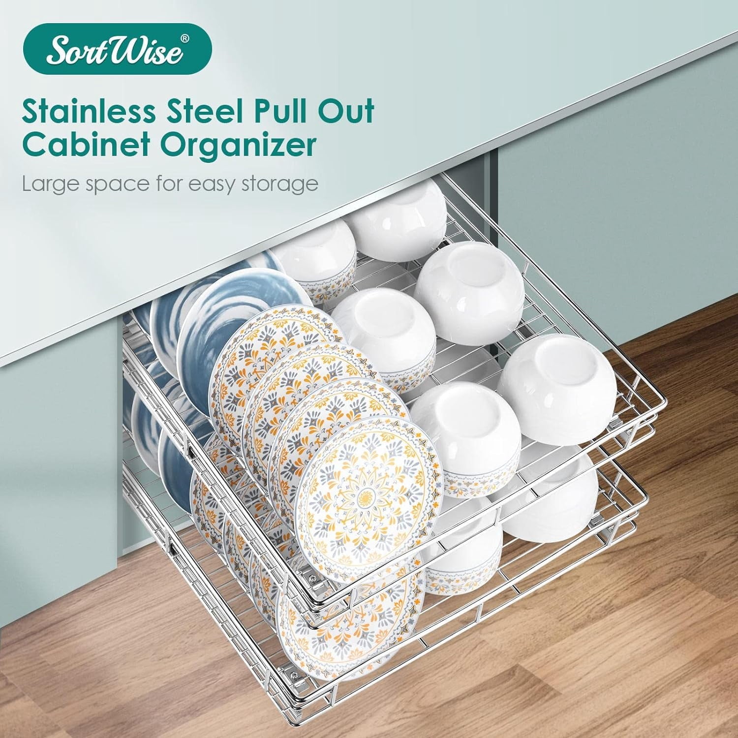 SortWise Slide-Out Cabinet Organizer — Chrome, 20 in Wide — cabinet-use scene