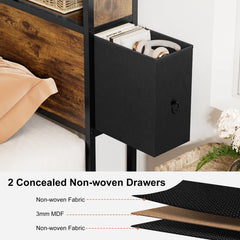 Antioch Queen Bed Frame with 2 Underbed Drawers & 2 Bedside Drawers, Modern Platform Bed with Charging Station & LED Light, Storage Headboard with Open Bookcase Shelves, Rustic Brown