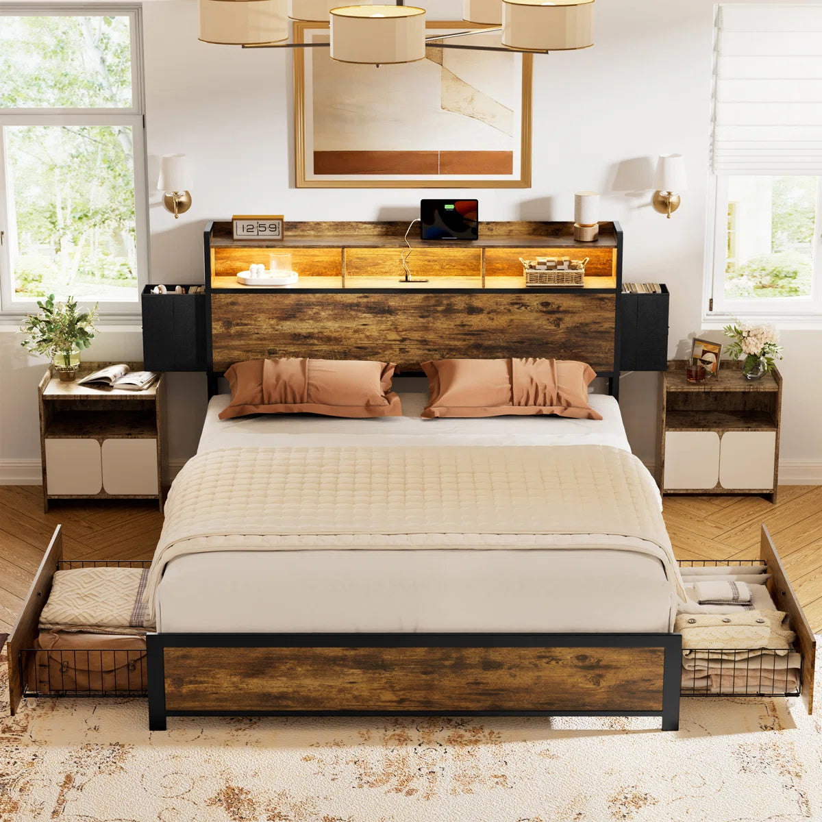Antioch Queen Bed Frame with 2 Underbed Drawers & 2 Bedside Drawers, Modern Platform Bed with Charging Station & LED Light, Storage Headboard with Open Bookcase Shelves, Rustic Brown