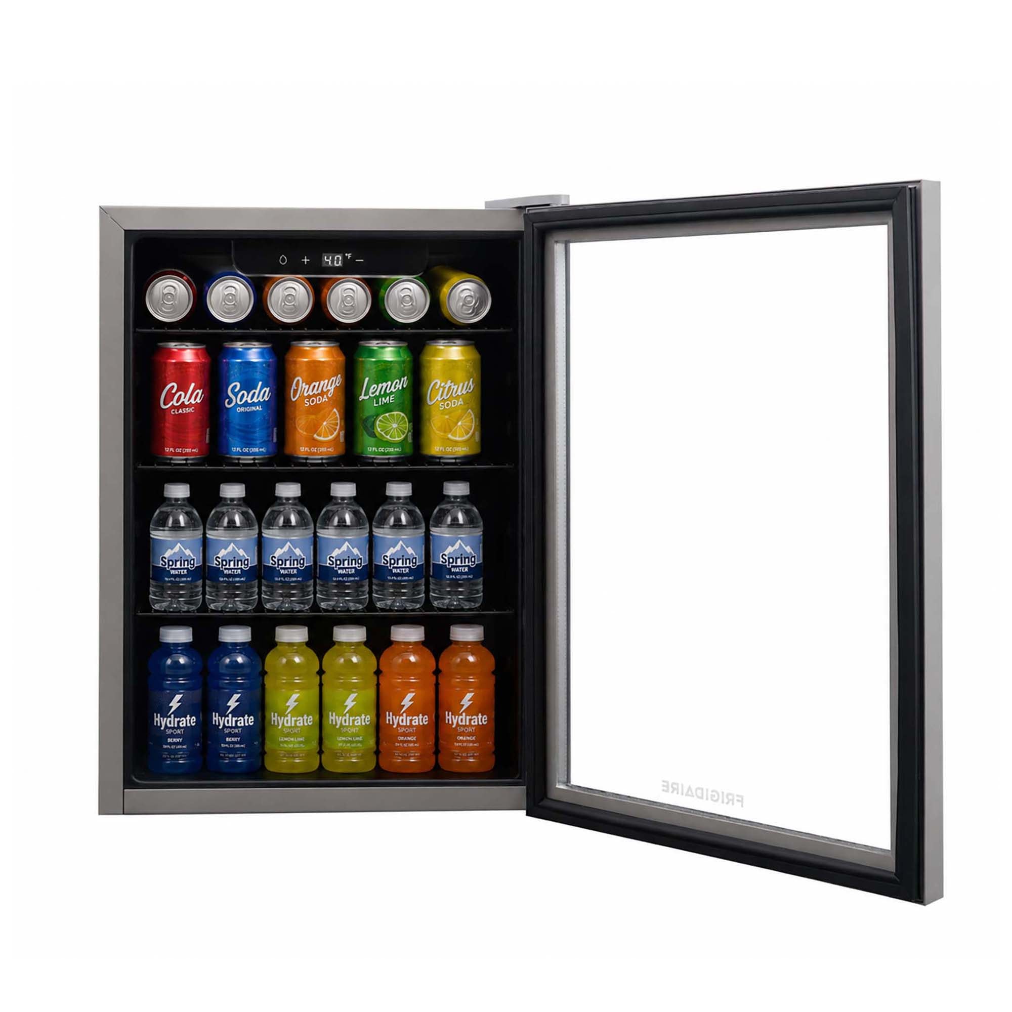 Frigidaire grey EFMIS9000 beverage refrigerator - open door and beverage storage
