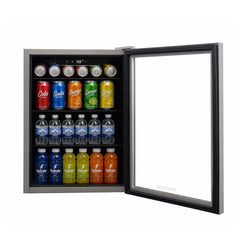 Frigidaire grey EFMIS9000 beverage refrigerator - open door and beverage storage
