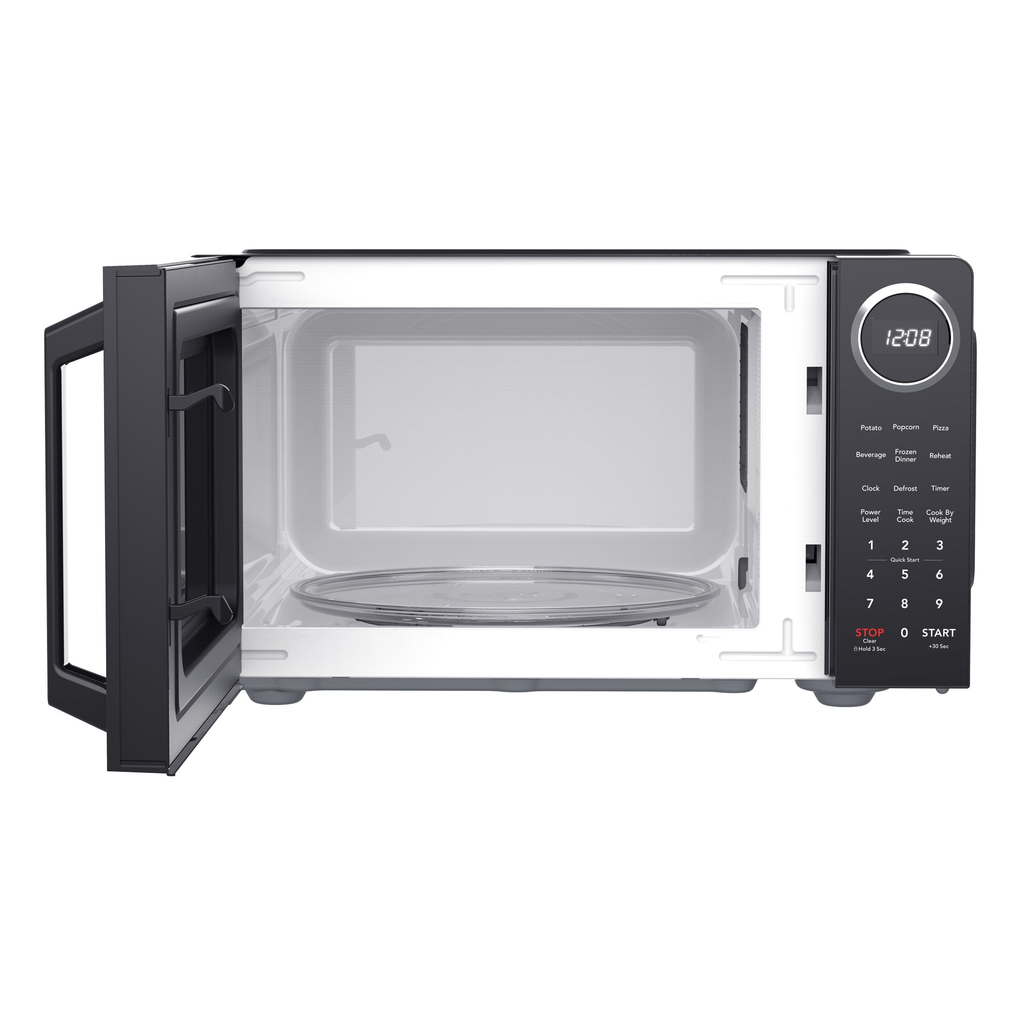 Frigidaire EMW953-BLACK black countertop microwave with open door and glass turntable