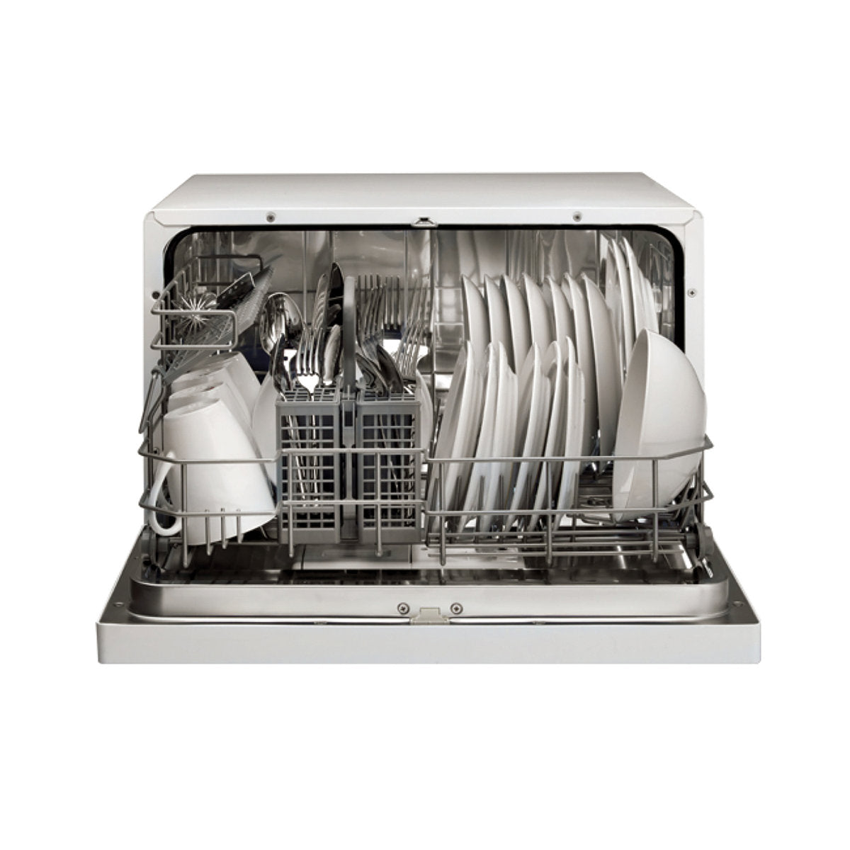 Hamilton Beach white HBDW3208 countertop dishwasher - open door and loaded interior