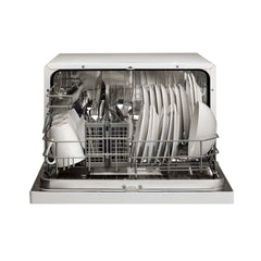 Hamilton Beach white HBDW3208 countertop dishwasher - open door and loaded interior