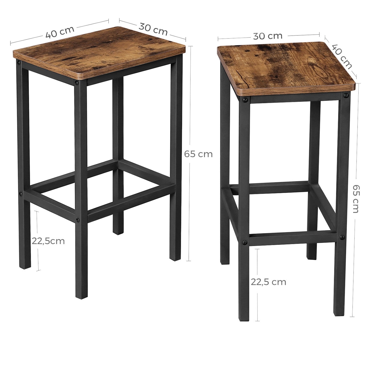 VASAGLE Counter Stools - Rustic Brown and Black LBC65X - front and side dimension view