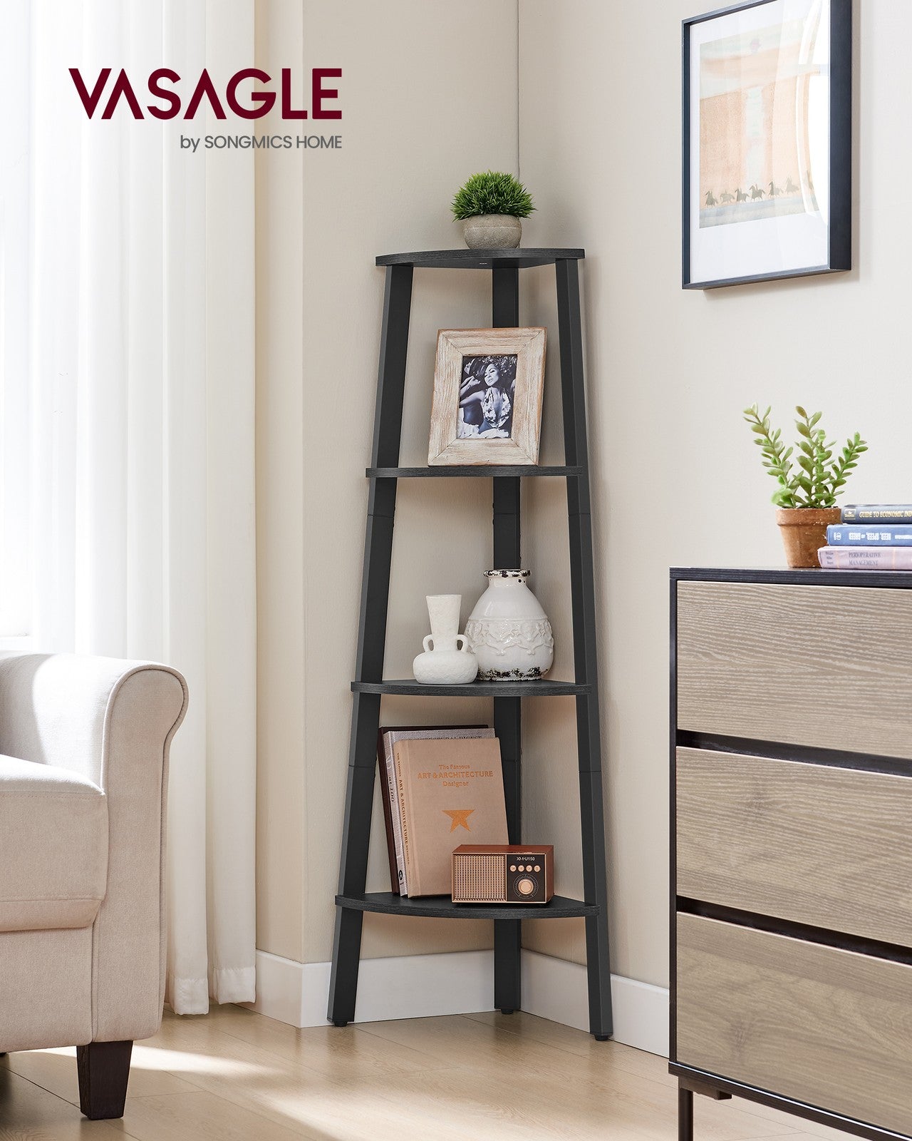 VASAGLE LLS034B22 charcoal gray and black corner shelf - corner room setting