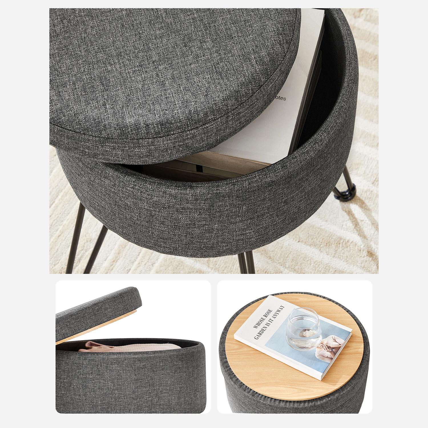 SONGMICS Round Storage Ottoman - Dark Gray LOM002G01 - reversible lid and tray detail