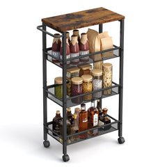 VASAGLE 4-Tier Slim Rolling Cart - Rustic Brown and Matte Black