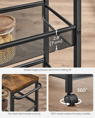 VASAGLE ULRC033B01 rolling cart showing raised shelf edges, handle and caster