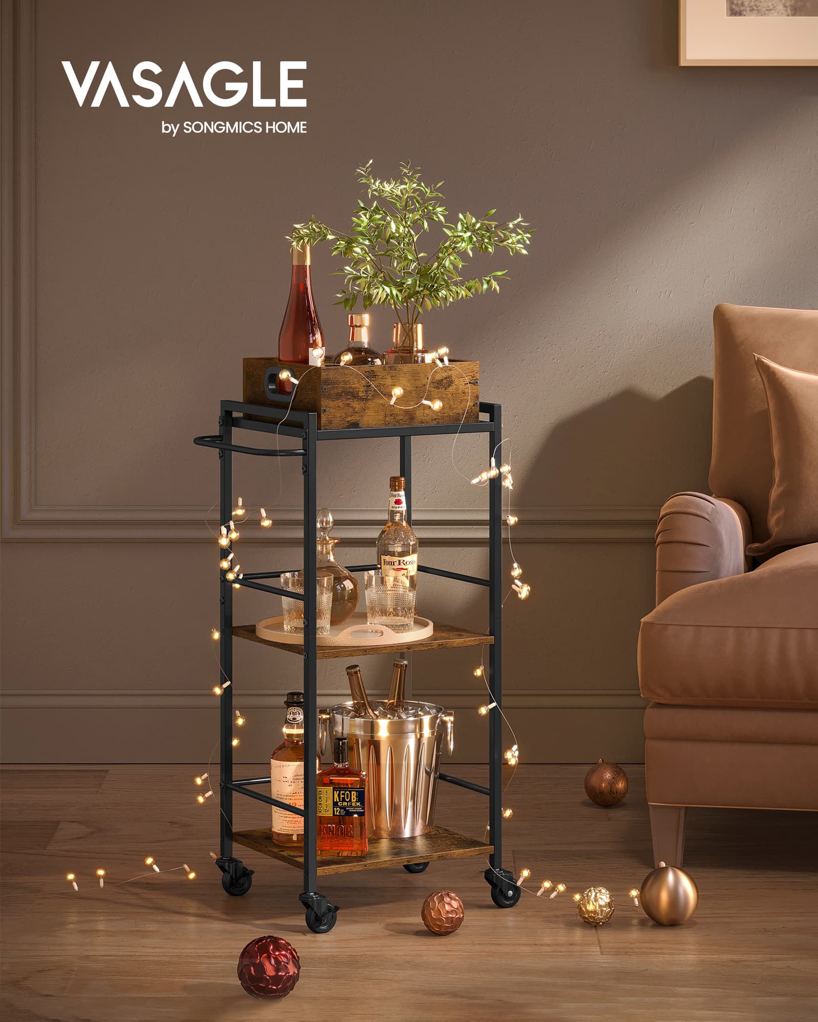 VASAGLE LRC062B01 serving trolley staged with decorative lights and serving props