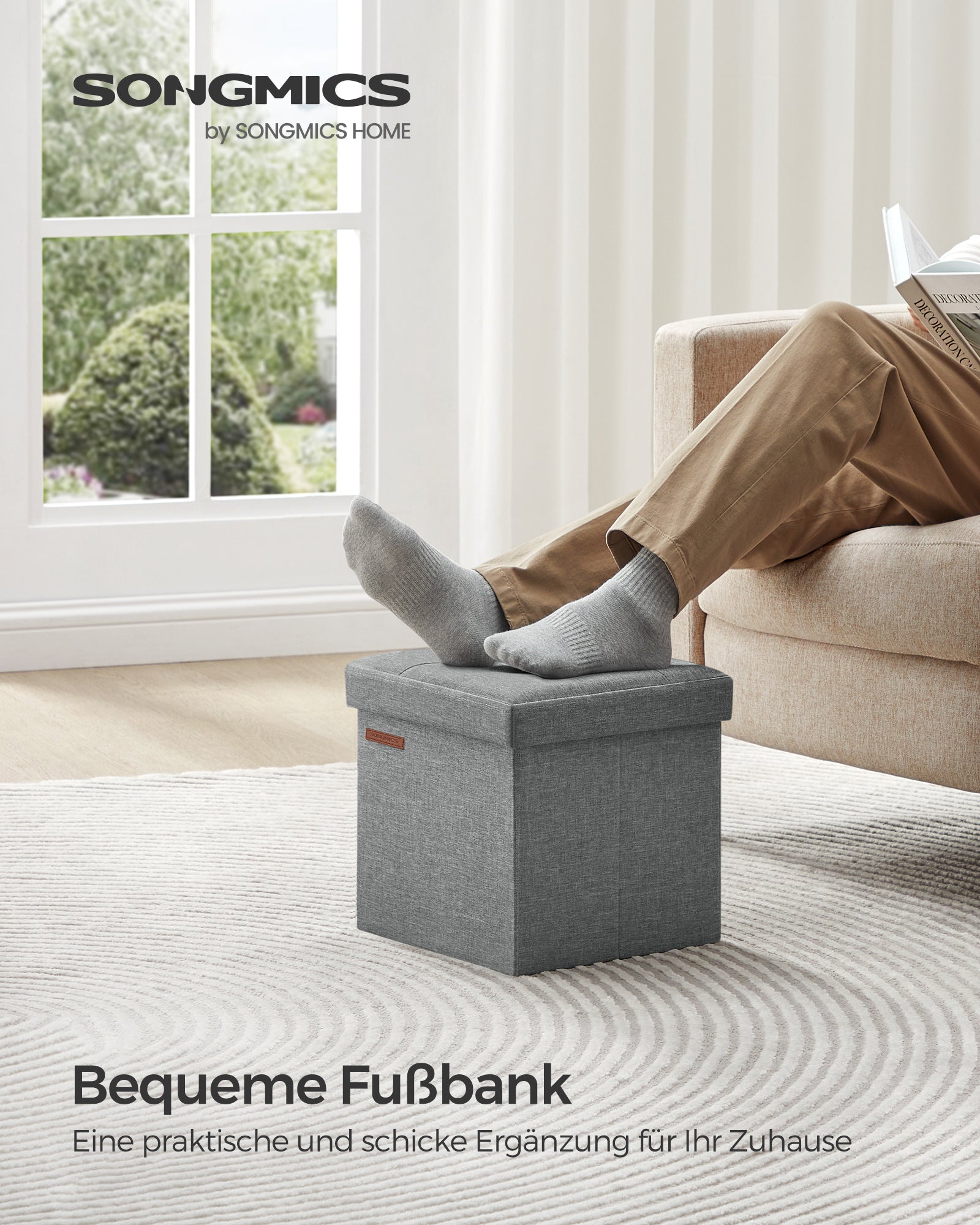 SONGMICS LSF028G02 light-grey ottoman used as a footrest beside a sofa